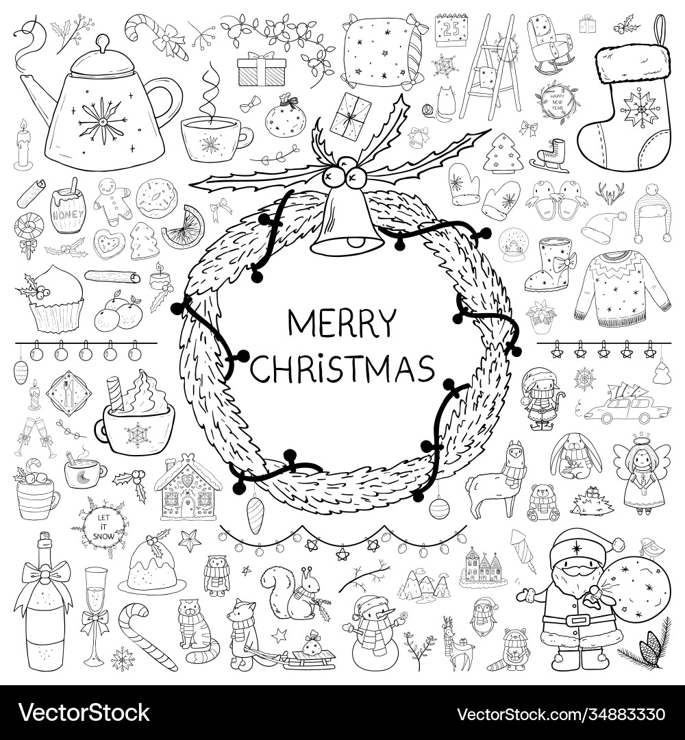 Frohe Weihnachten große Hand gezogen Doodle-Set Frohe Weihnachten große Hand gezogen Doodle-Set vektorbild