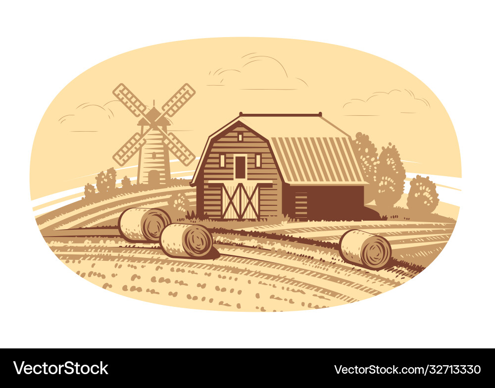 Hand drawn sketch farm landscape agriculture Hand drawn sketch farm landscape agriculture vector image