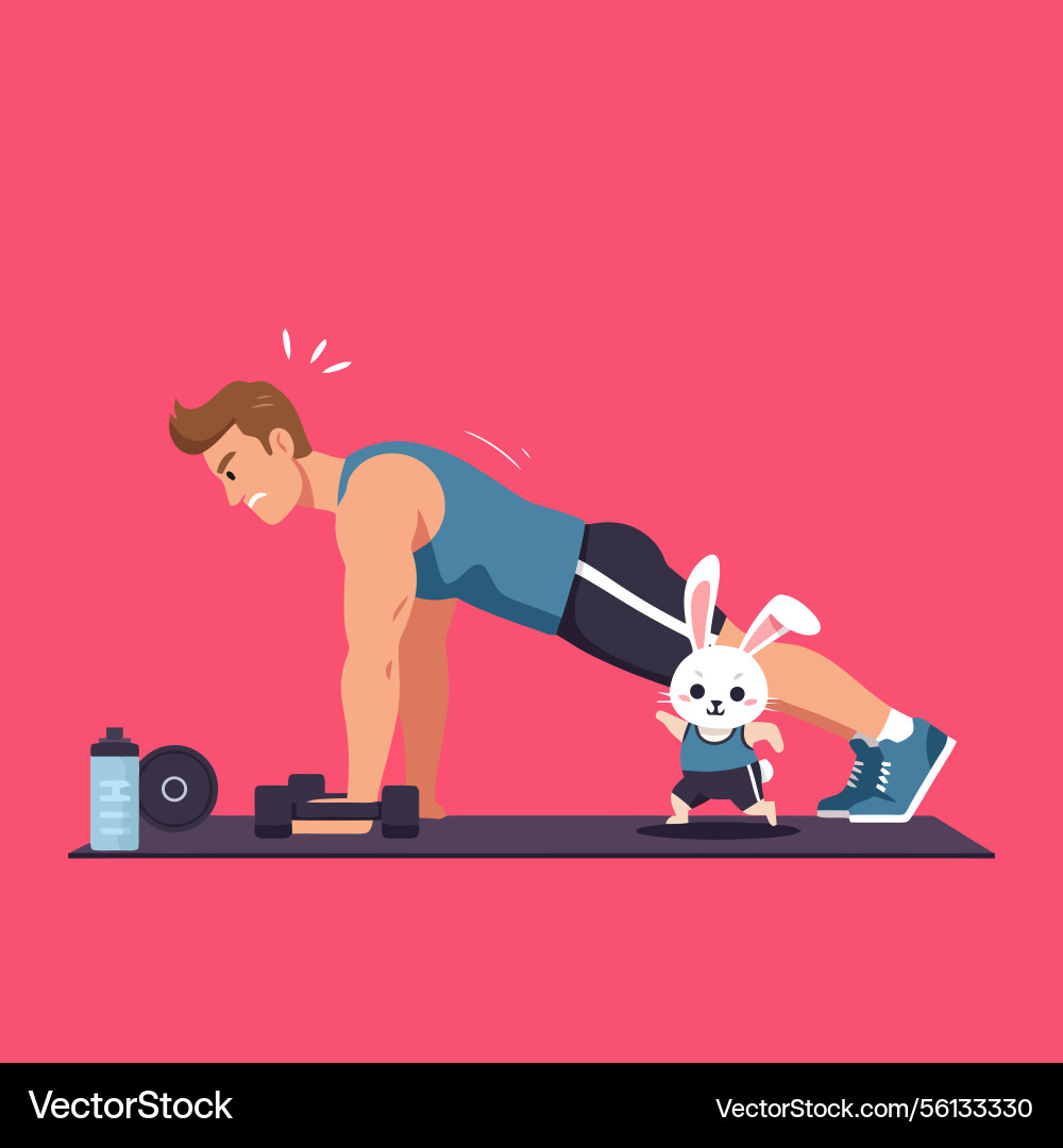 Man doing push-up exercise with rabbit cartoon Man doing push-up exercise with rabbit cartoon Vector Image