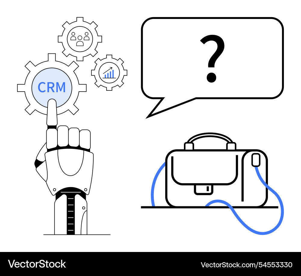 Robotic hand pressing crm button with briefcase Robotic hand pressing crm button with briefcase Vector Image