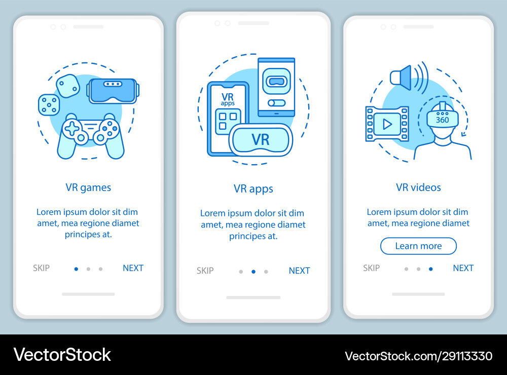 Virtual reality programs onboarding mobile app Virtual reality programs onboarding mobile app Vector Image
