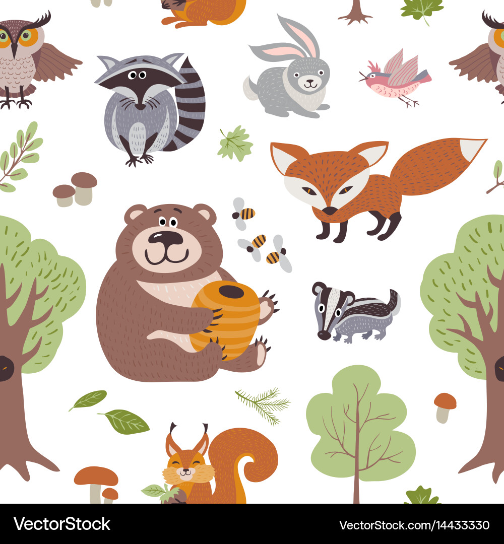 Woodland Animals & Plants Pattern vector image