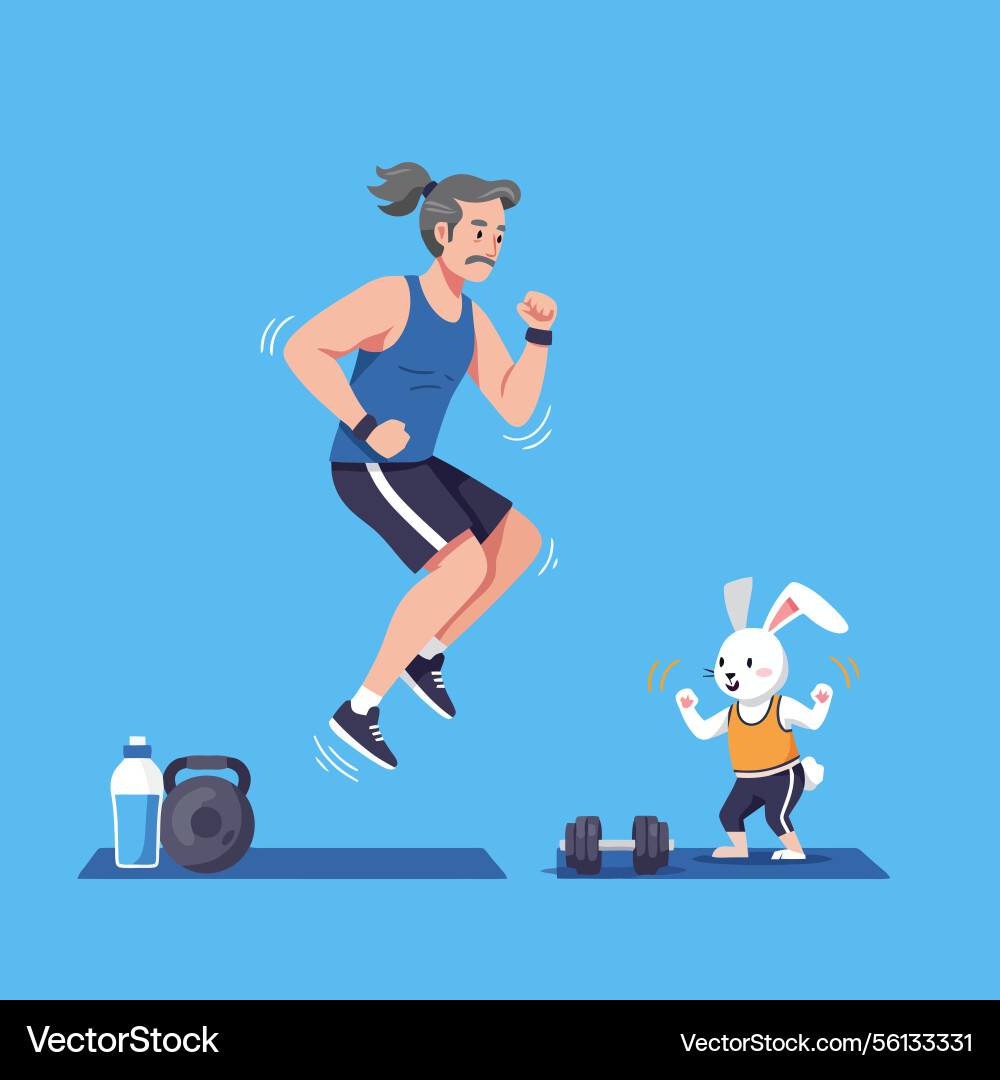 Man jumping with motivation from rabbit during Vector Image
