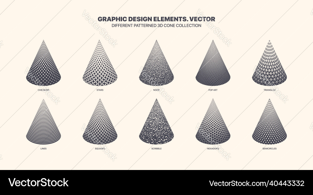 Assorted various patterned 3d cones set isolated Assorted various patterned 3d cones set isolated vector image