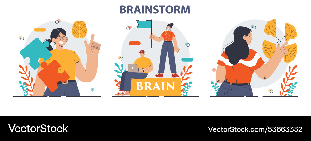 Brainstorm set new idea generation in a teamwork Brainstorm set new idea generation in a teamwork vector image