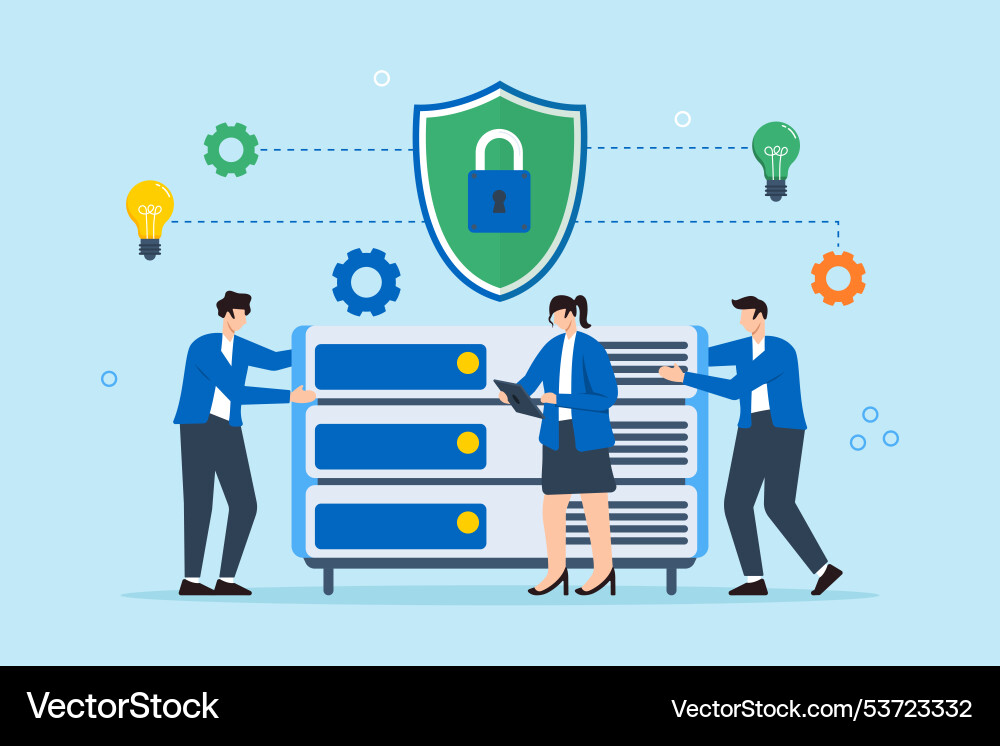 Flat of three people building secure network Flat of three people building secure network vector image