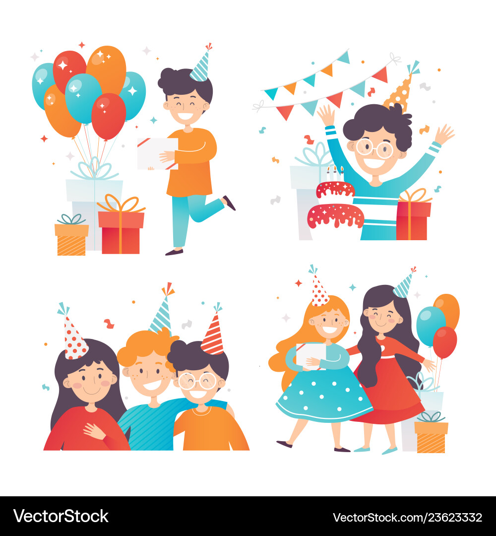 Flat set of happy kids celebrating birthday Flat set of happy kids celebrating birthday vector image