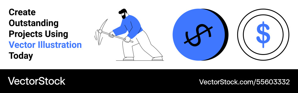 Man mining with pickaxe beside dollar icons Vector Image