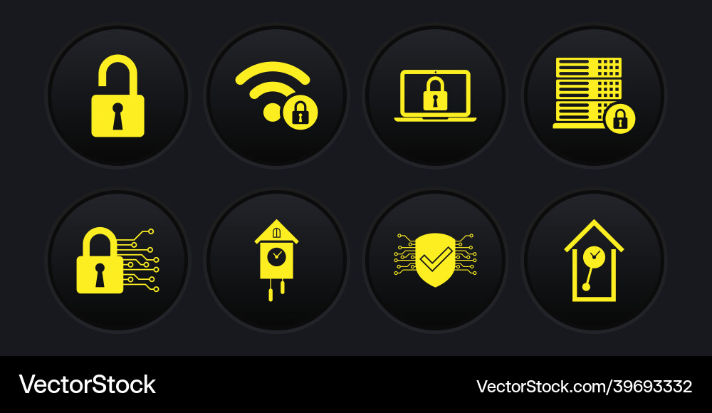 Set cyber security server with lock retro wall Set cyber security server with lock retro wall Vector Image