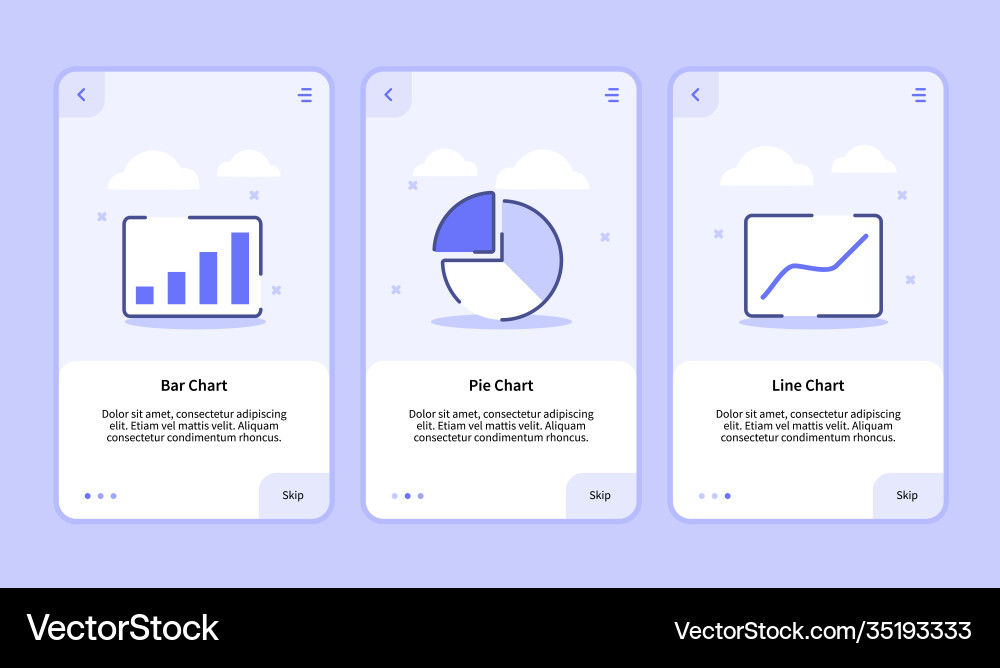 Bar chart pie line onboarding screen Bar chart pie line onboarding screen vector image