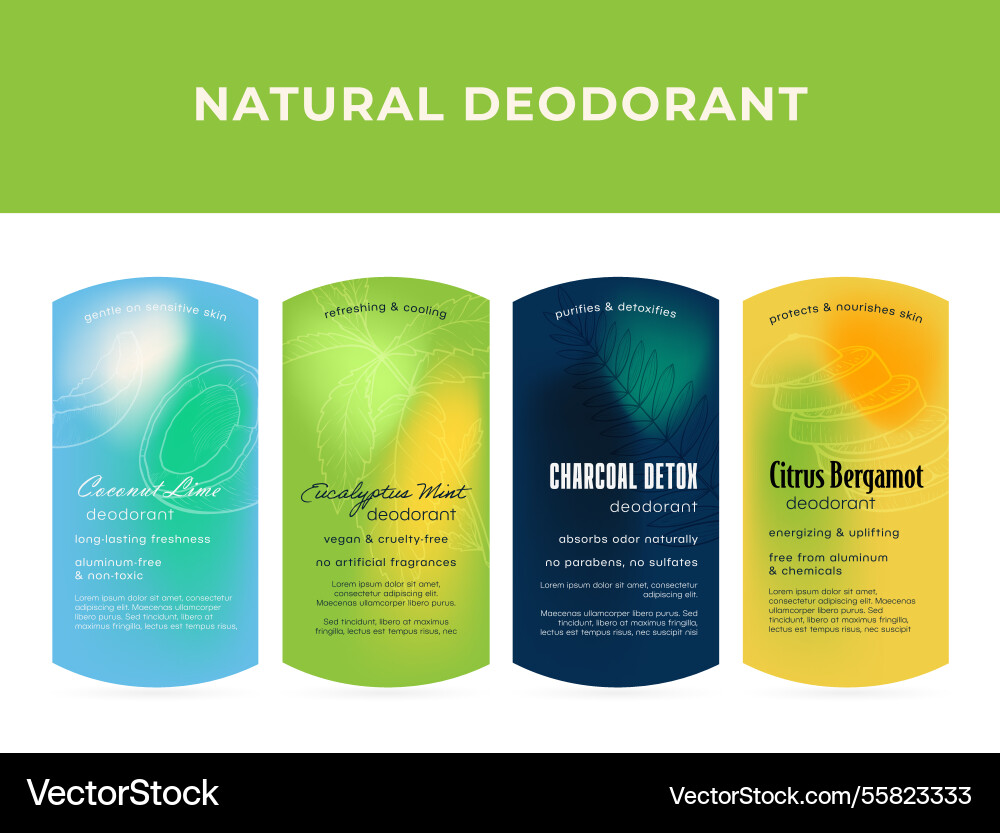 Vier Etiketten für natürliches Deodorant Display verschiedene Vier Etiketten für natürliches Deodorant Display verschiedene vektorbild