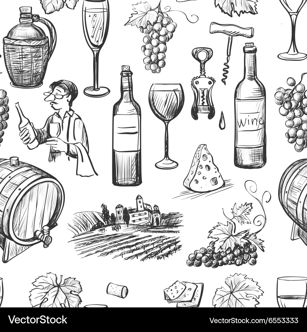 Wine Making Pattern - Rustic Sketch Vector Image