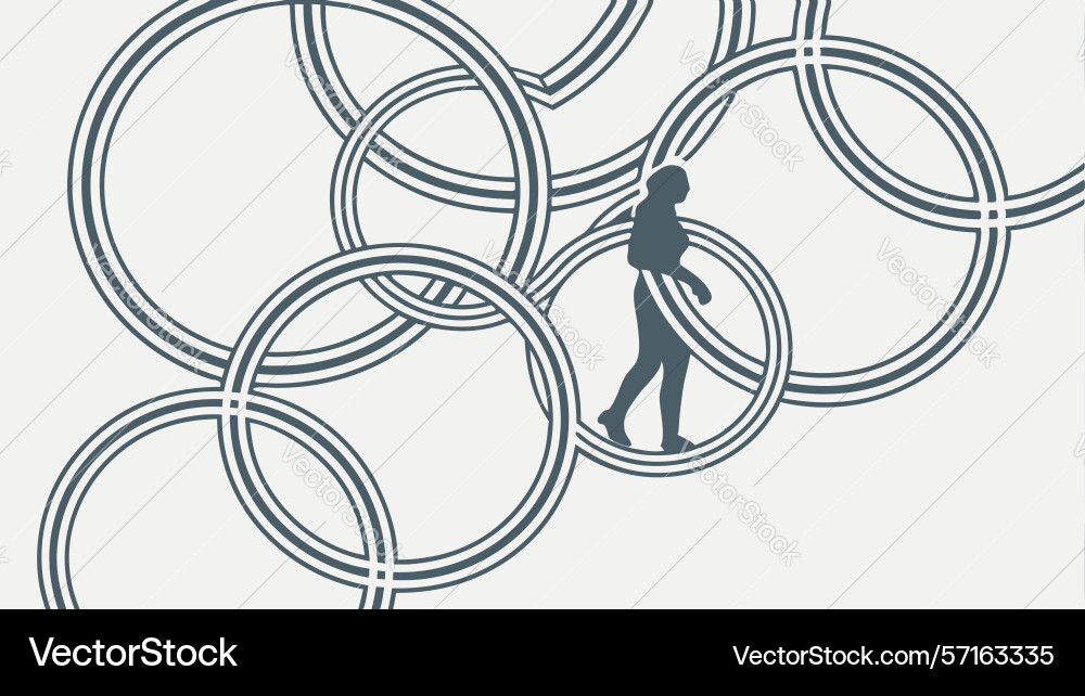 Man walking through interlocking rings abstract vector image