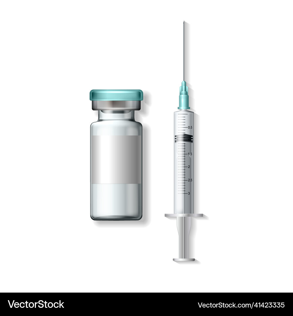 Realistic bottle and syringe coronavirus vaccine Realistic bottle and syringe coronavirus vaccine vector image