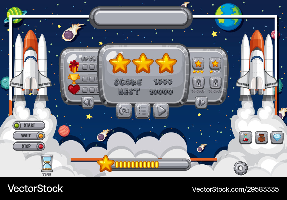 Screen template for computer game with space theme Screen template for computer game with space theme vector image