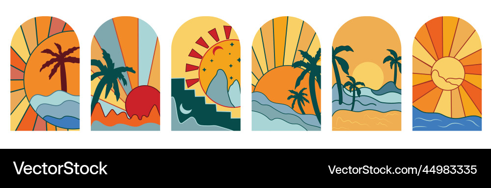 Sunset in the sea with a palm tree set background Sunset in the sea with a palm tree set background vector image