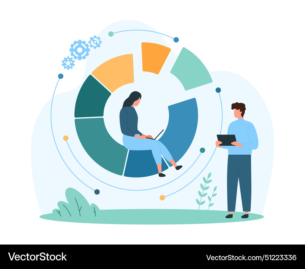 Pie chart analytics t iny people work with data Pie chart analytics t iny people work with data vector image
