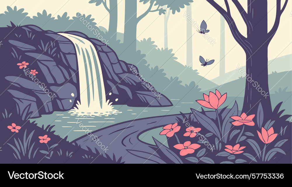 Scenic forest path by a cascading waterfall Vector Image
