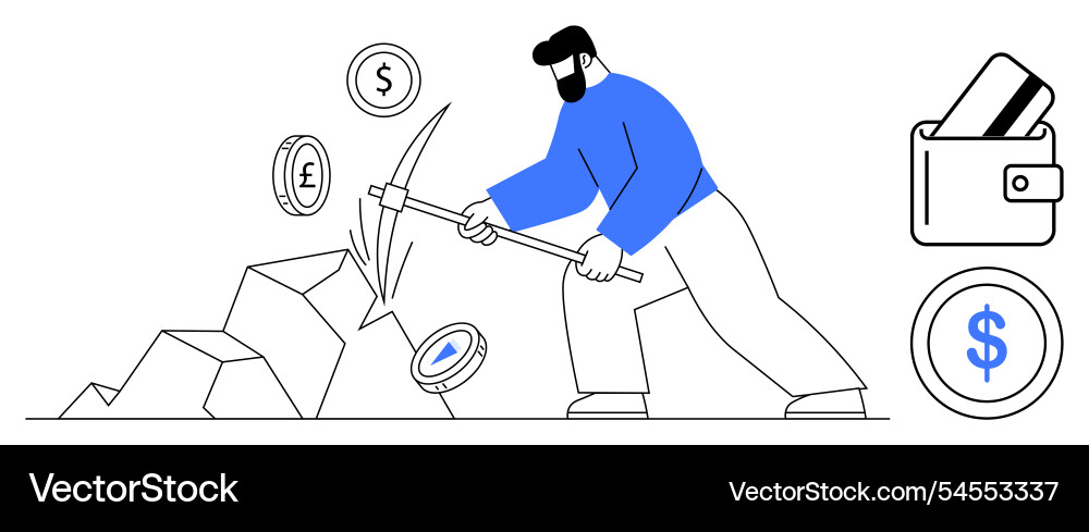 Man mining cryptocurrency with pickaxe and digital vector image