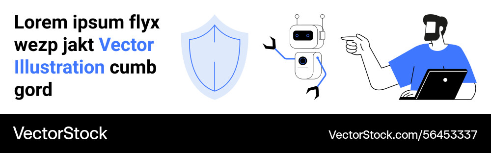 Man with laptop interacting robot and shield Man with laptop interacting robot and shield vector image