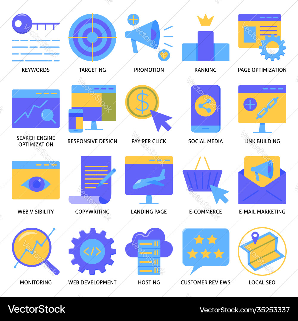 Website optimization icon set in flat style Website optimization icon set in flat style vector image