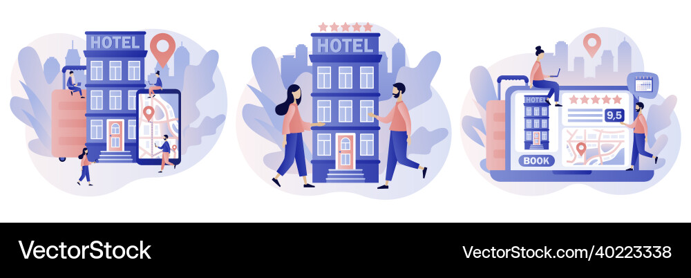 Booking hotel online tiny people search Booking hotel online tiny people search vector image