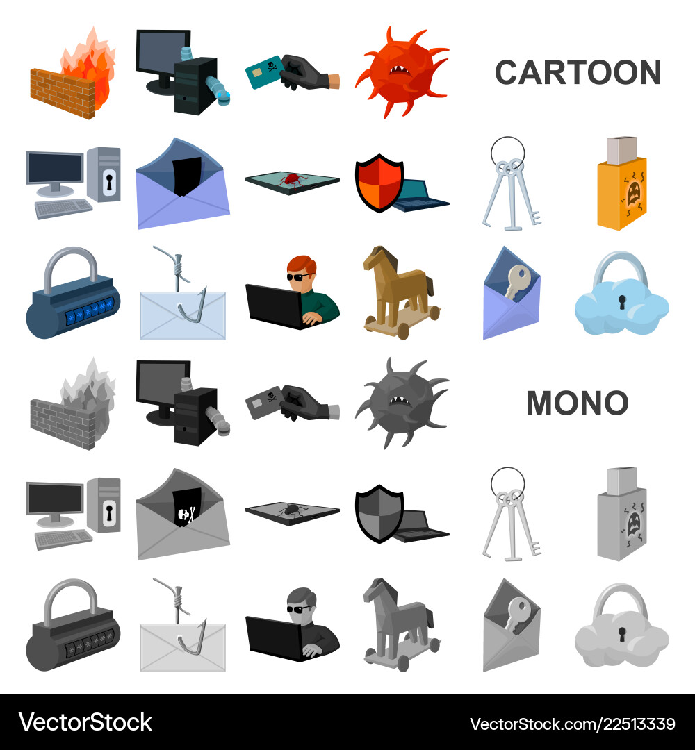 Hacker und Hacking Cartoon Icons in Set-Sammlung Hacker und Hacking Cartoon Icons in Set-Sammlung Vektorbild