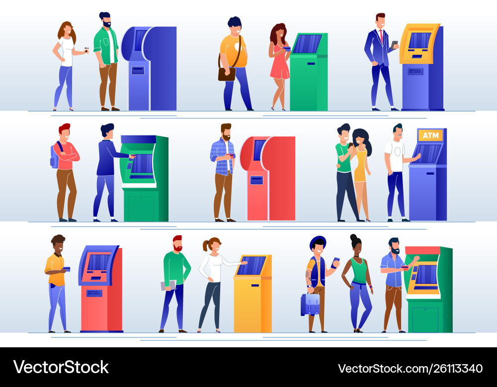 Bank clients using atm machine flat set Vector Image