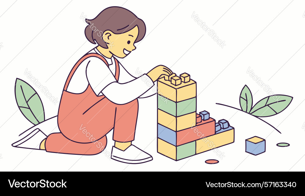 Child playing with colorful building blocks vector image