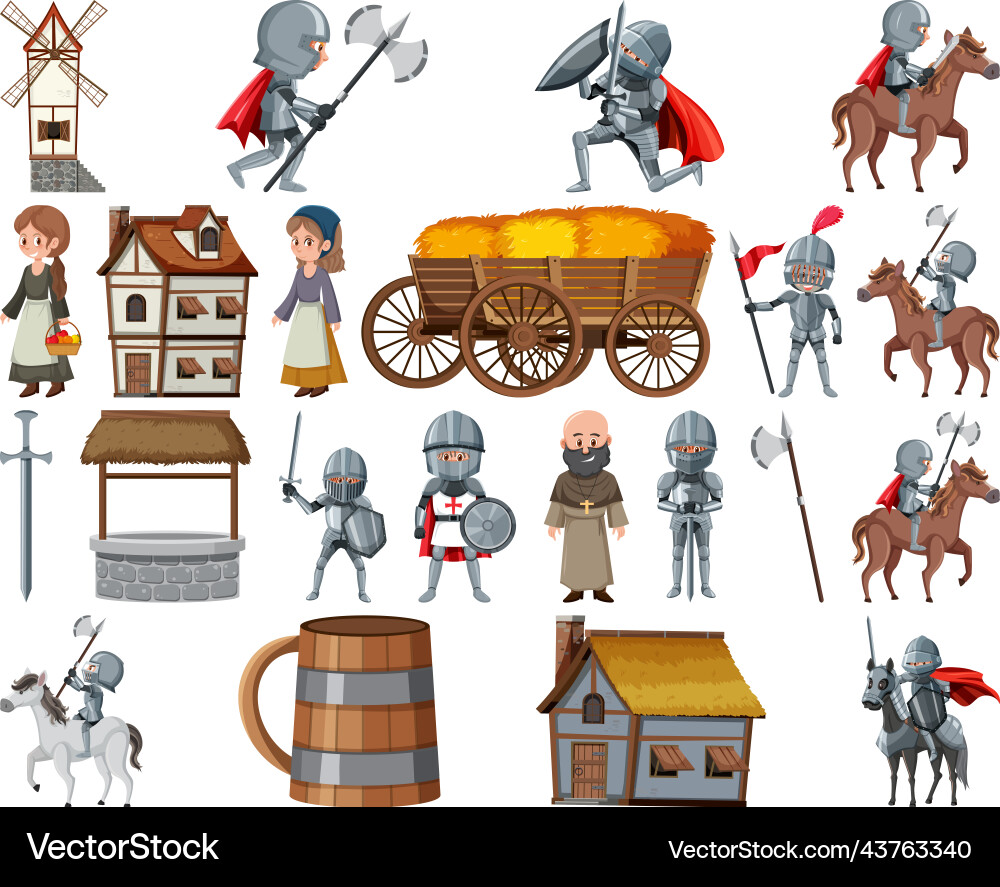 Medieval cartoon characters and objects vector image