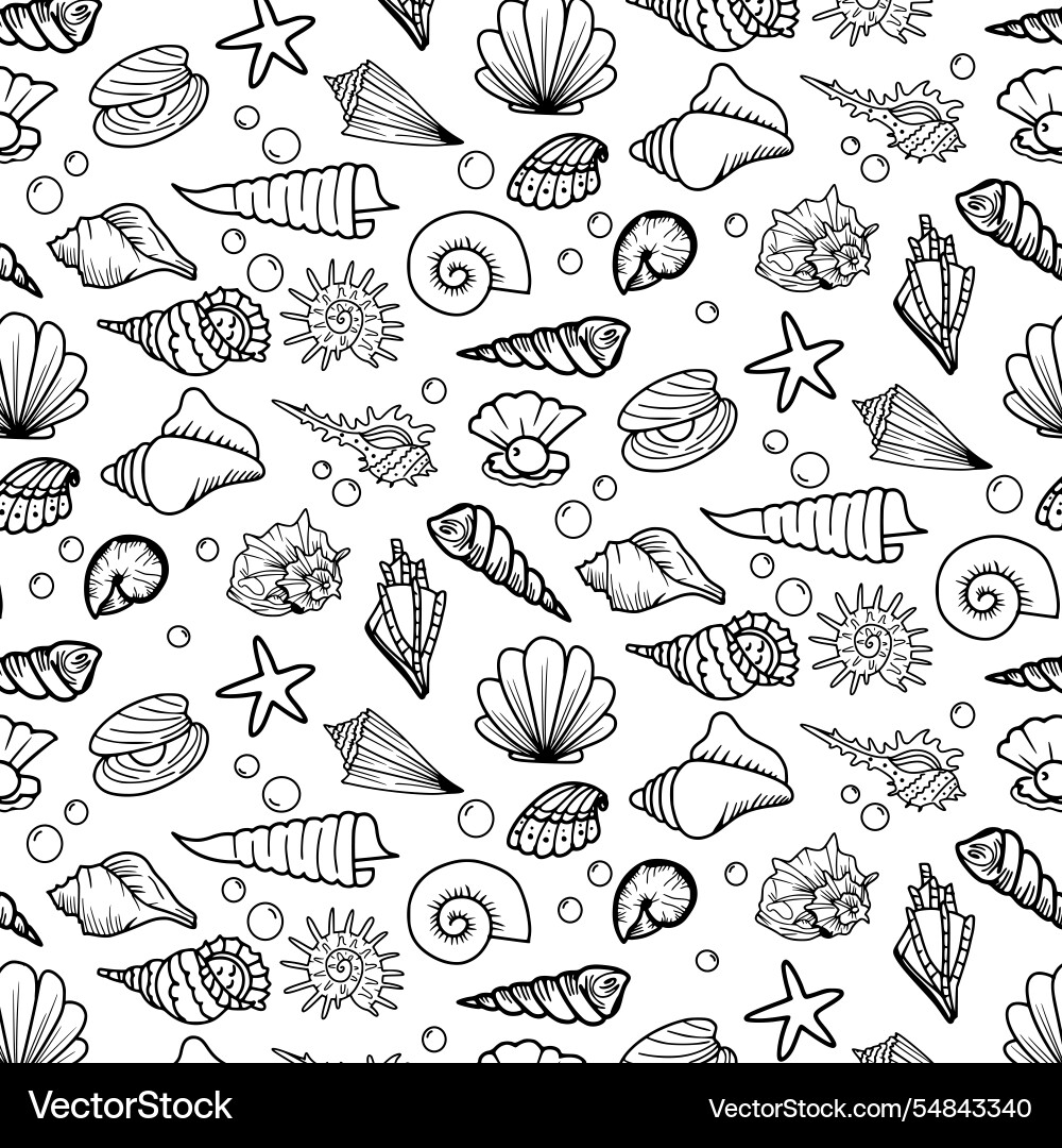 Seashell doodle seamless pattern background Seashell doodle seamless pattern background Vector Image