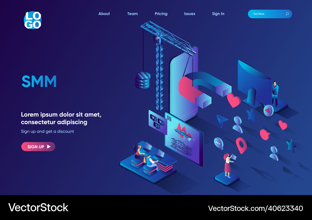 Smm-Konzept isometrische Landingpage Smm-Konzept isometrische Landingpage vektorbild
