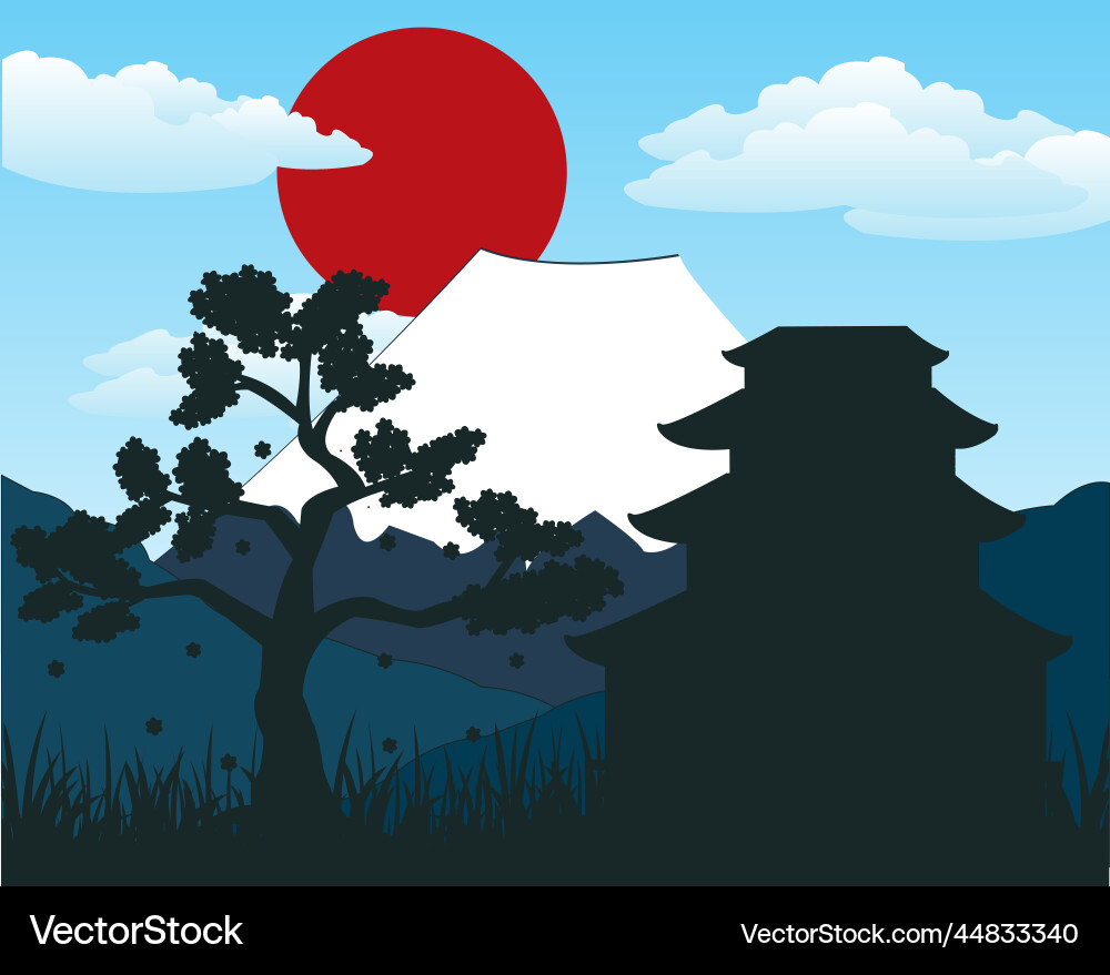 Temple and tree sakura on background of the vulcan Vector Image