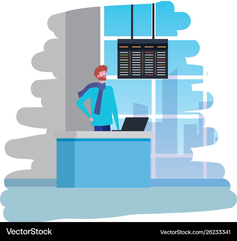 Man working in airport with computer scene Vector Image