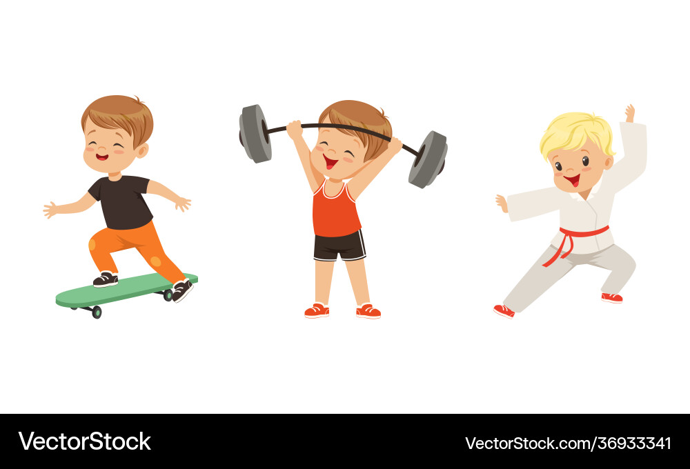 Pretty little boy doing sport activity and playing Vector Image