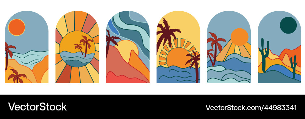 Sunset in the sea with a palm tree set background Sunset in the sea with a palm tree set background Vector Image