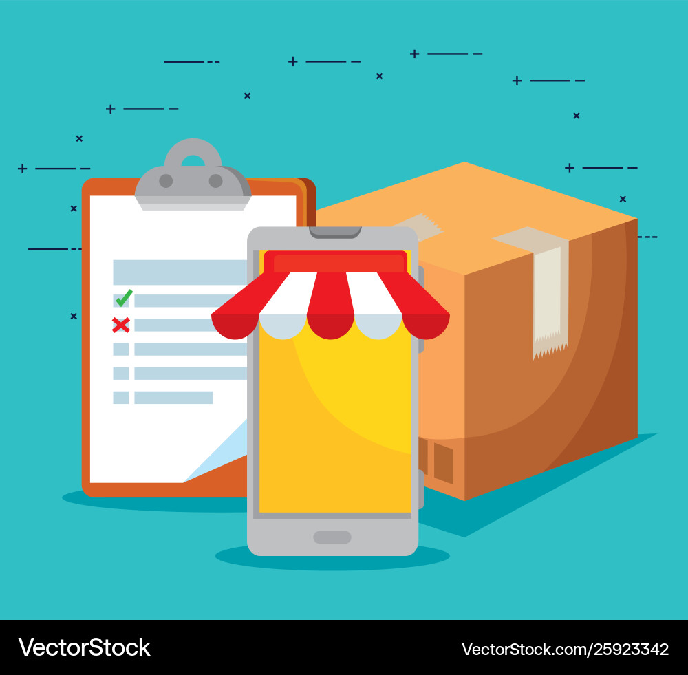Check list with smartphone and package box Check list with smartphone and package box vector image