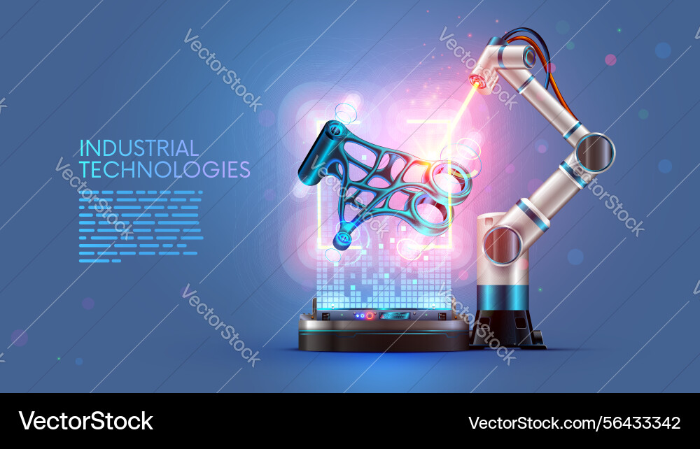 Robot welding at factory processes metal part Robot welding at factory processes metal part vector image