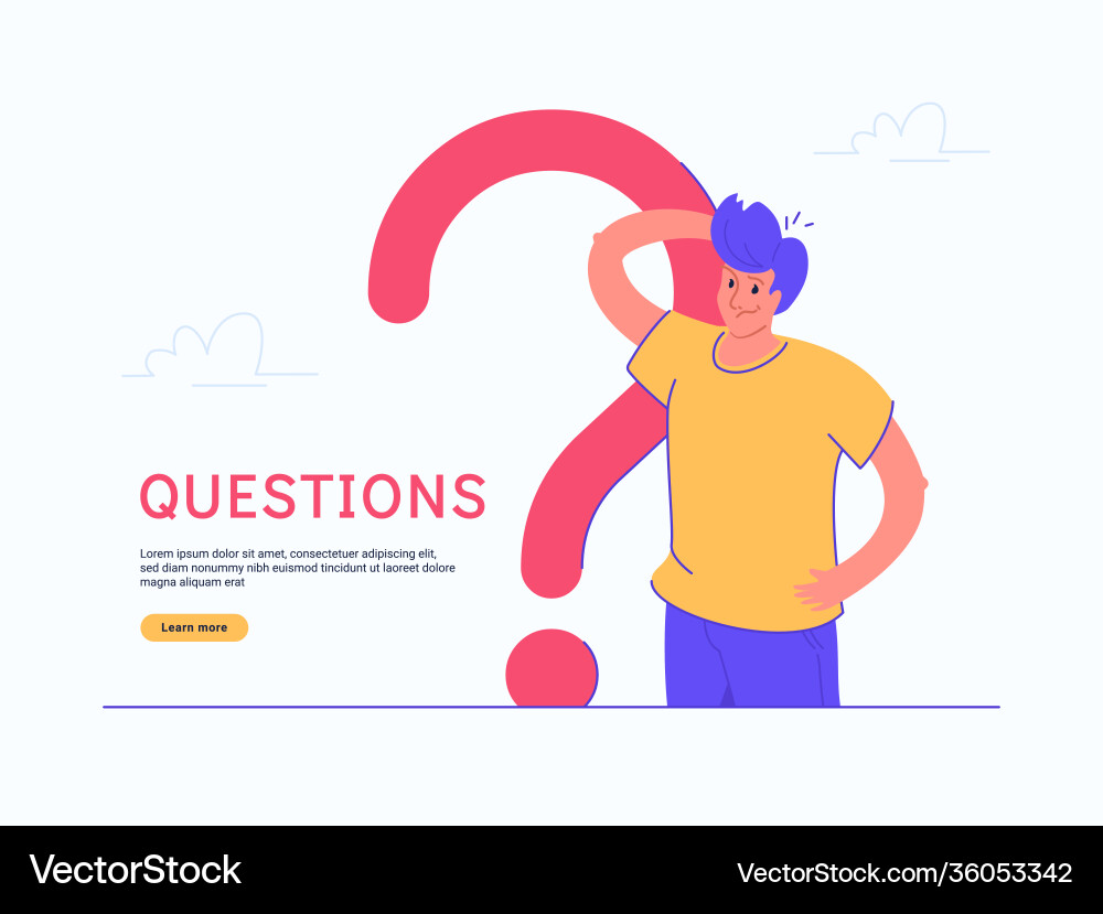 Young doubting man standing near big question Young doubting man standing near big question vector image