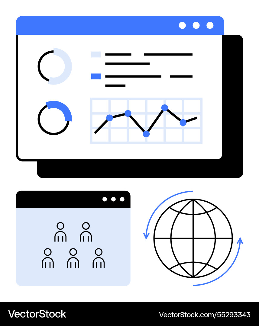 Data analytics dashboard with graphs and global Data analytics dashboard with graphs and global vector image
