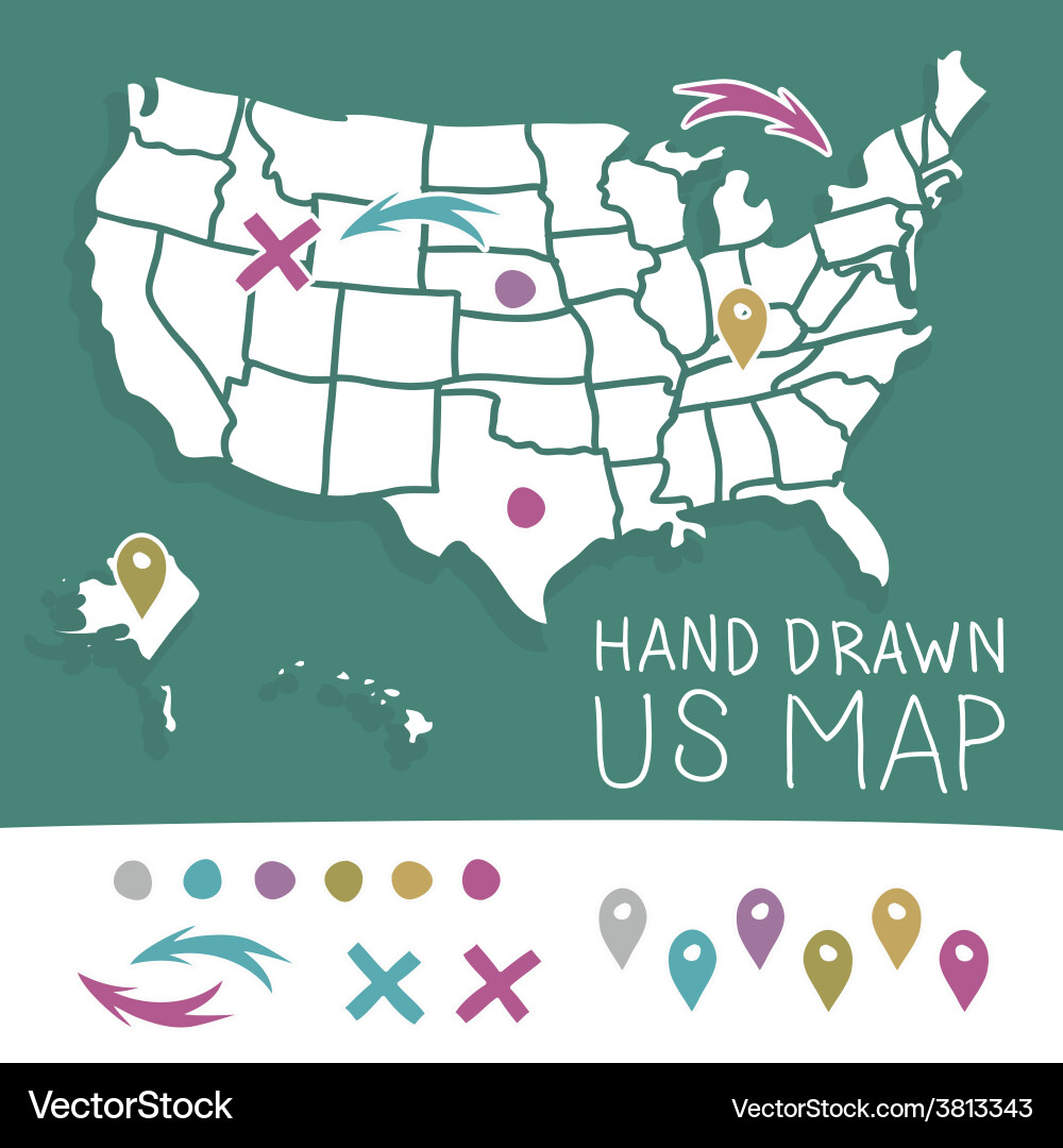 Hand drawn us map whit pins Royalty - Hand Drawn Us Map Whit Pins Vector 3813343 
