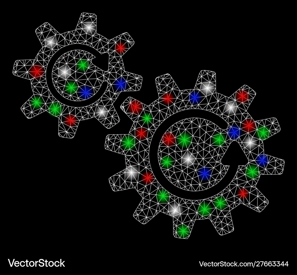 Bright mesh carcass cogs rotation with flash spots Bright mesh carcass cogs rotation with flash spots vector image