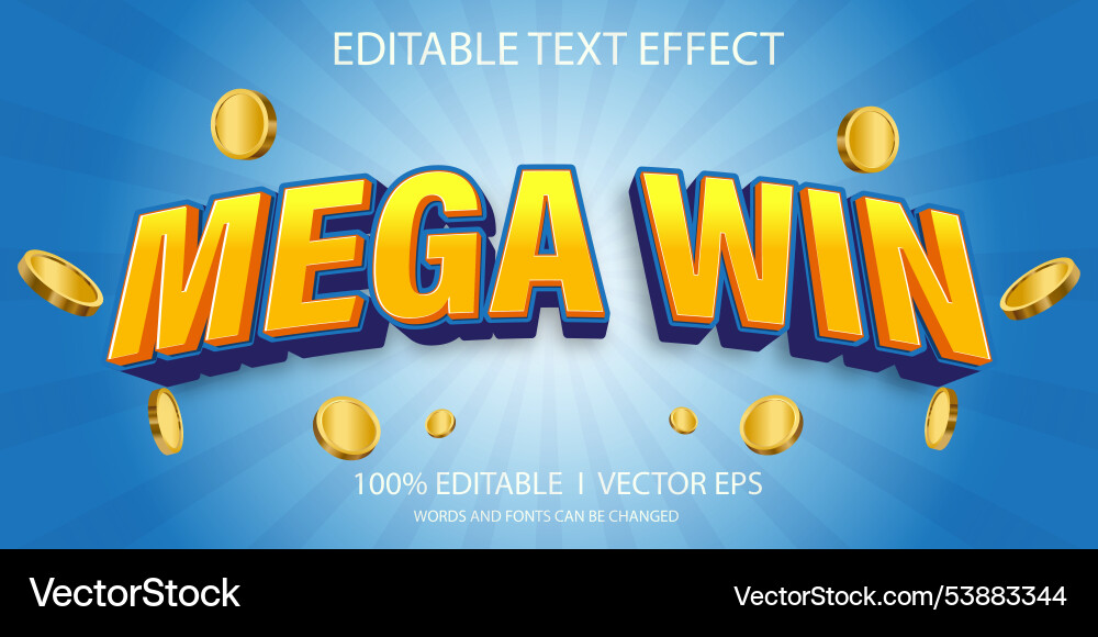 Editable mega win text effect with modern style vector image