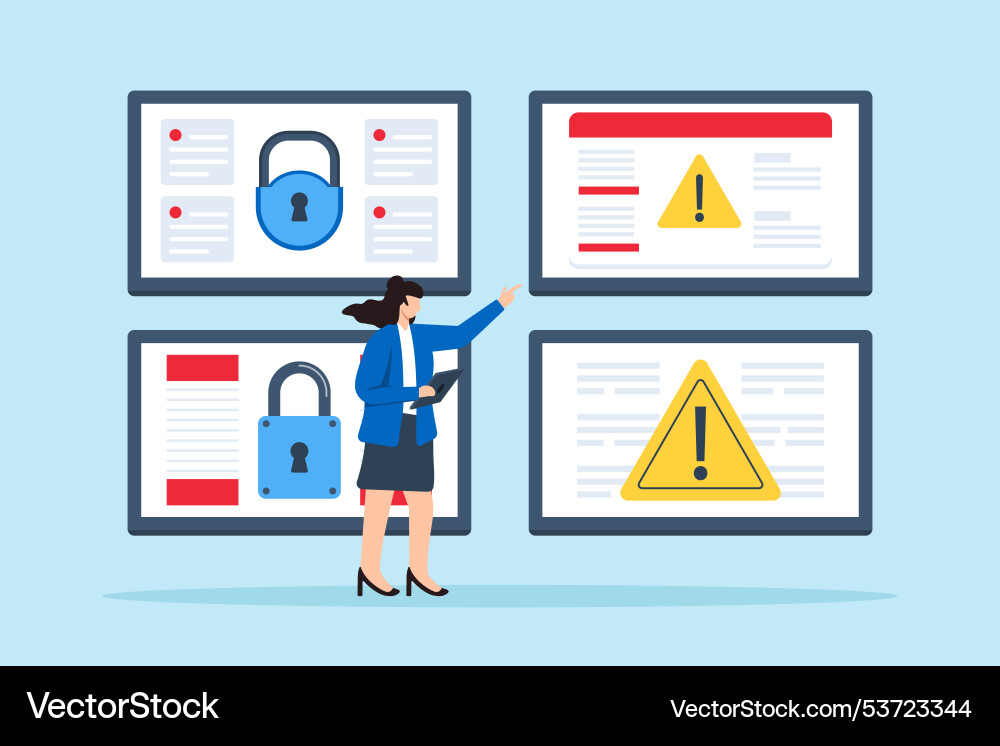 Flat of cybersecurity analyst monitoring multiple Flat of cybersecurity analyst monitoring multiple vector image
