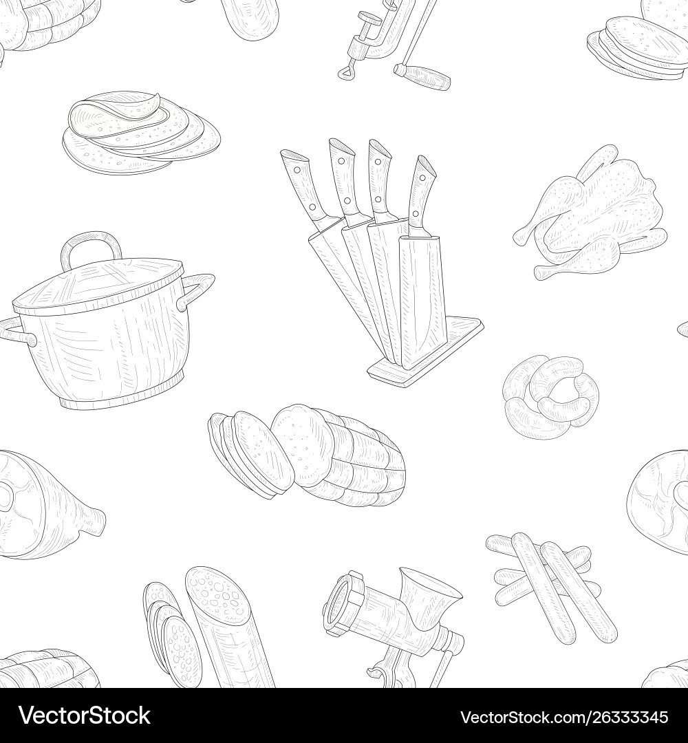 Fleischprodukte nahtlose Muster handgezogenes Design Fleischprodukte nahtlose Muster handgezogenes Design vektorbild