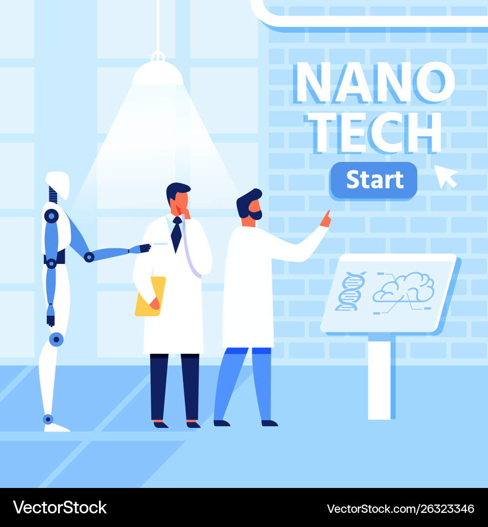 Flat nano tech research lab scientists and robot Vector Image