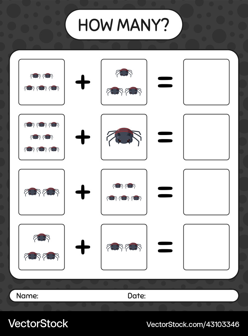 How many counting game with spider worksheet Vector Image