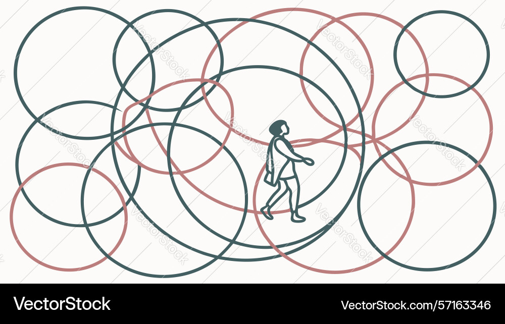 Human figure navigating abstract intersecting vector image
