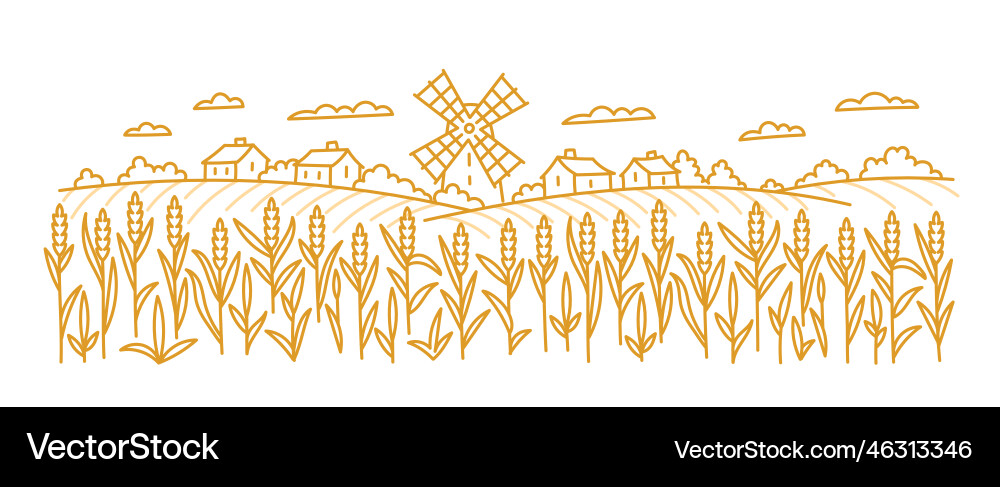 Landscape fields with a windmill wheat spikelets Vector Image