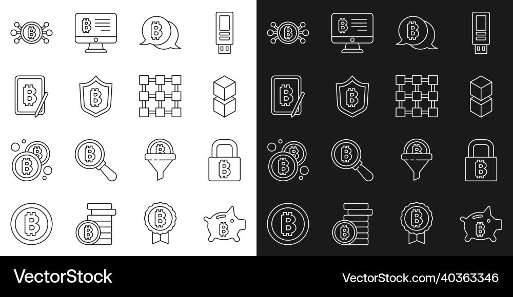 Set line piggy bank bitcoin lock with blockchain Set line piggy bank bitcoin lock with blockchain Vector Image